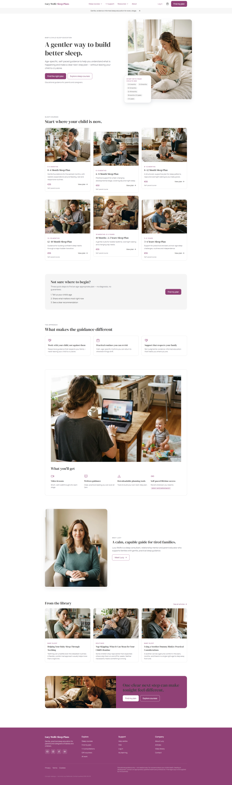 Lucy Wolfe Sleep Plans home page with age-based course cards