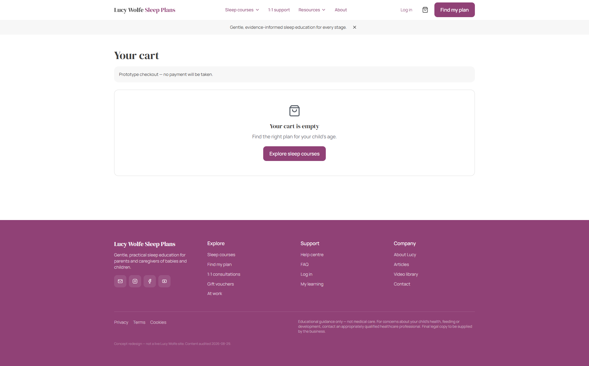Prototype cart interface for Lucy Wolfe Sleep Plans