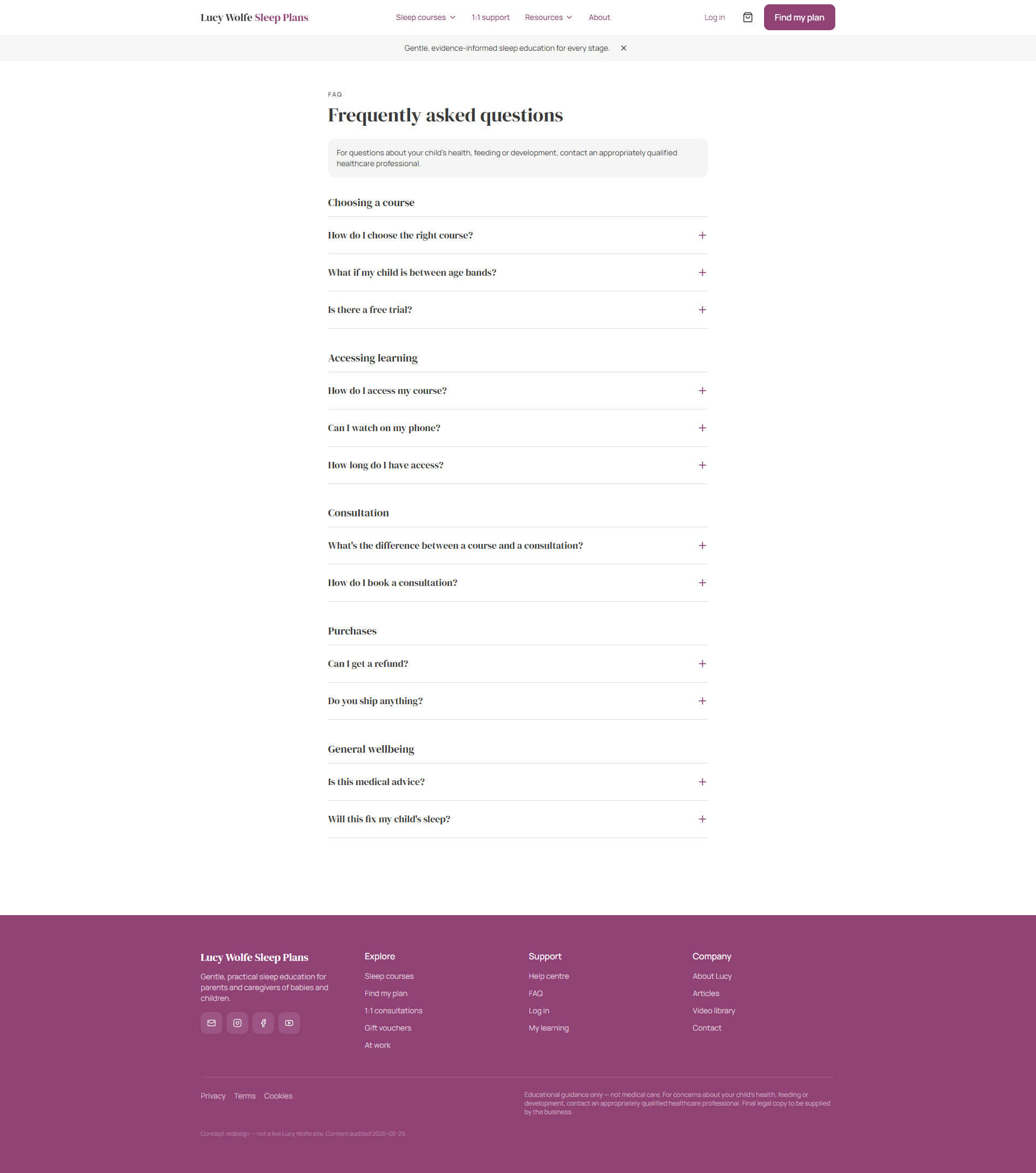 Lucy Wolfe Sleep Plans frequently asked questions page