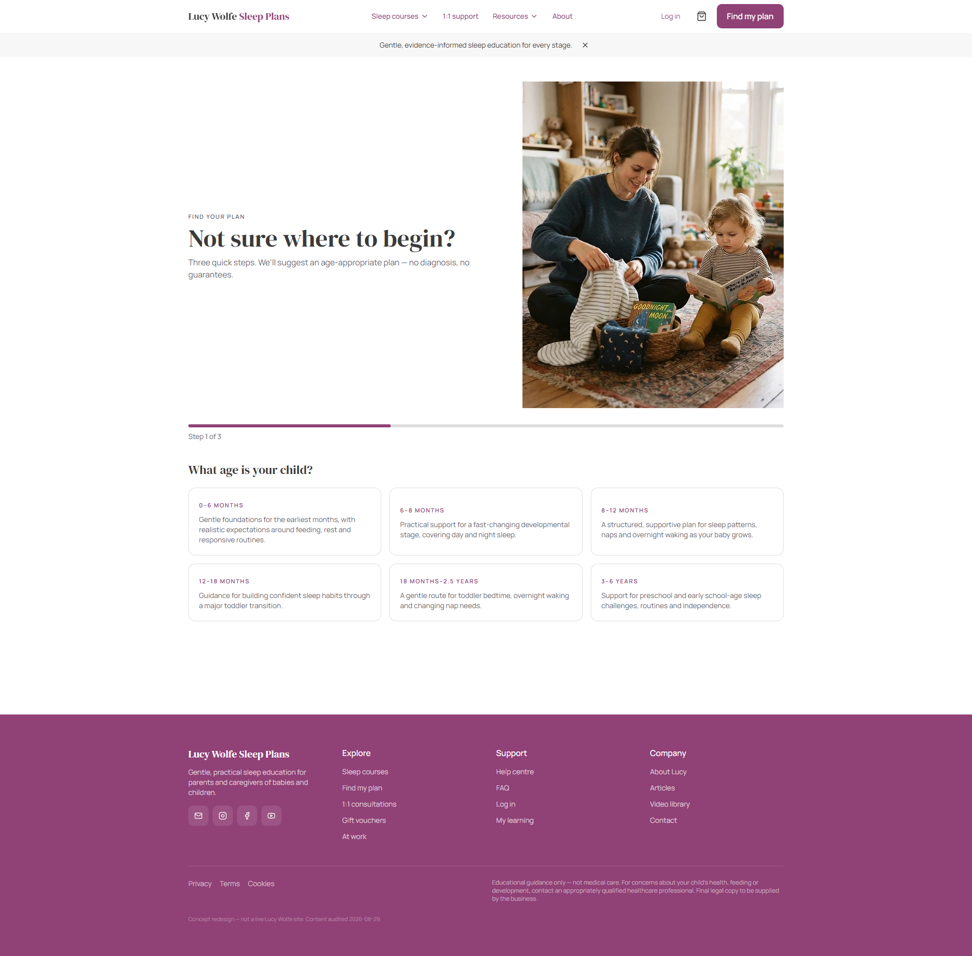 Age selection step in the Lucy Wolfe Sleep Plans plan finder