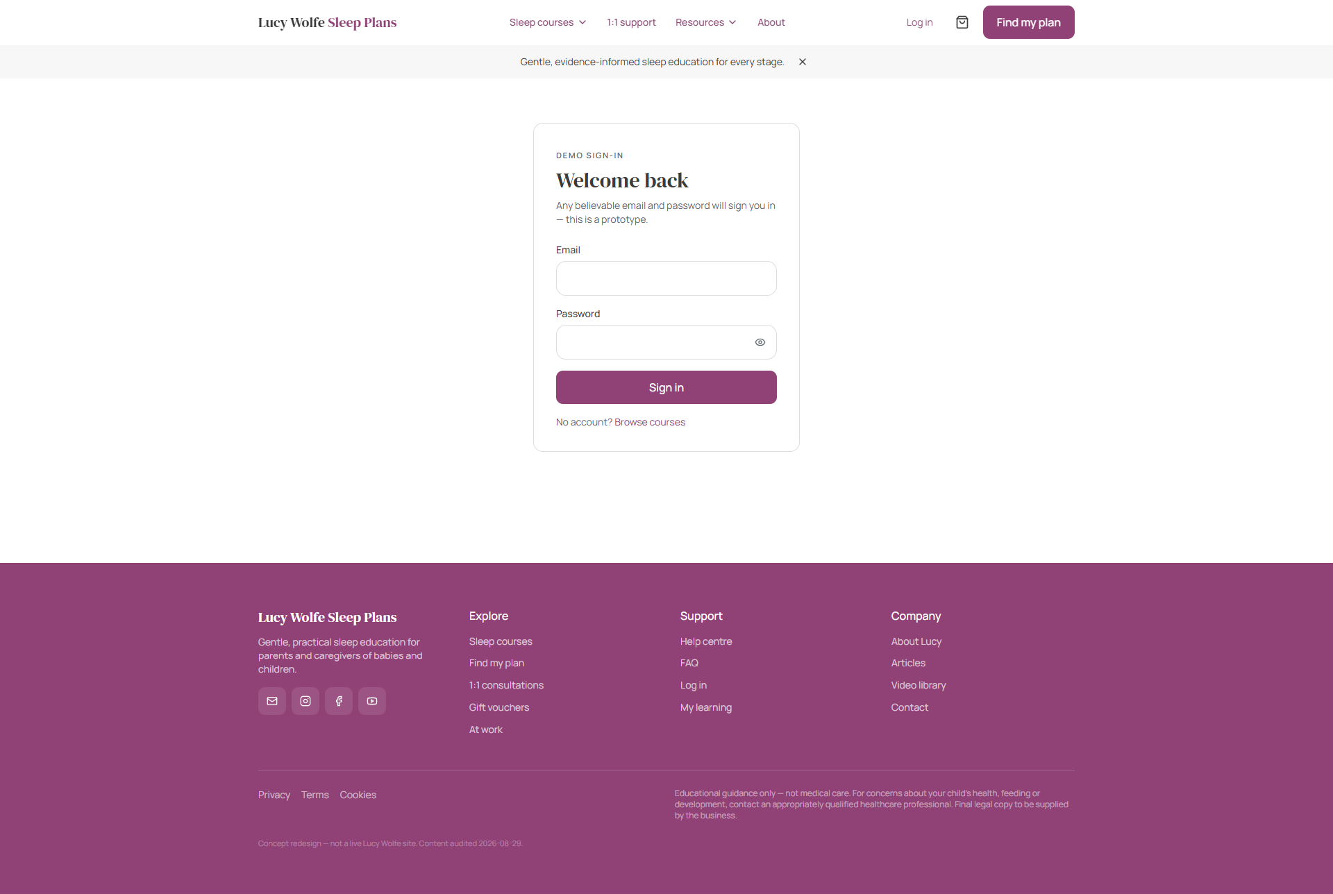 Prototype login interface for Lucy Wolfe Sleep Plans